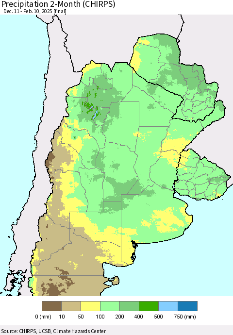 Southern South America Precipitation 2-Month (CHIRPS) Thematic Map For 12/11/2024 - 2/10/2025