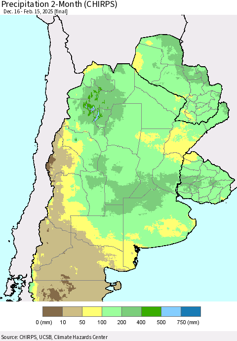 Southern South America Precipitation 2-Month (CHIRPS) Thematic Map For 12/16/2024 - 2/15/2025