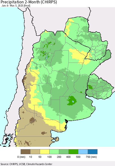 Southern South America Precipitation 2-Month (CHIRPS) Thematic Map For 1/6/2025 - 3/5/2025