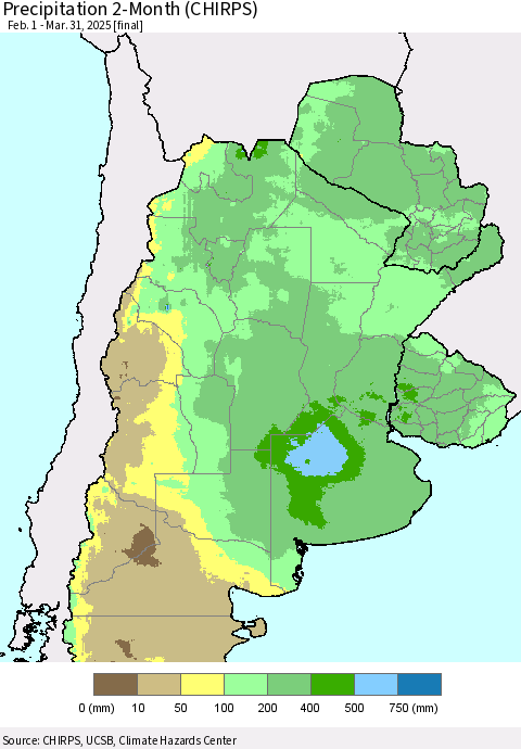 Southern South America Precipitation 2-Month (CHIRPS) Thematic Map For 2/1/2025 - 3/31/2025