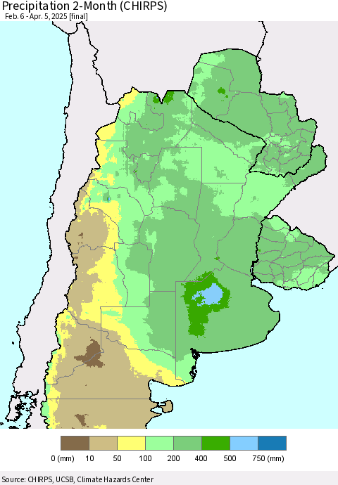 Southern South America Precipitation 2-Month (CHIRPS) Thematic Map For 2/6/2025 - 4/5/2025
