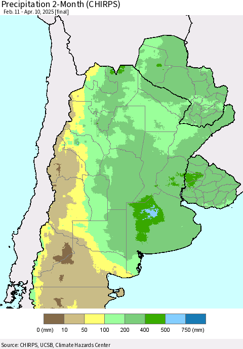 Southern South America Precipitation 2-Month (CHIRPS) Thematic Map For 2/11/2025 - 4/10/2025