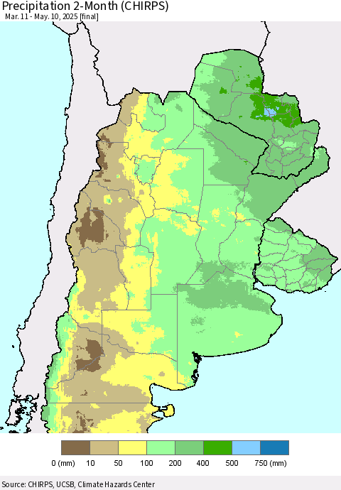 Southern South America Precipitation 2-Month (CHIRPS) Thematic Map For 3/11/2025 - 5/10/2025