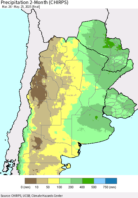 Southern South America Precipitation 2-Month (CHIRPS) Thematic Map For 3/26/2025 - 5/25/2025