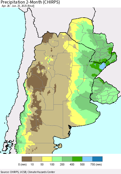 Southern South America Precipitation 2-Month (CHIRPS) Thematic Map For 4/26/2025 - 6/25/2025