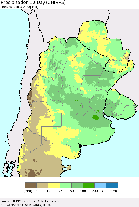 Southern South America Precipitation 10-Day (CHIRPS) Thematic Map For 12/26/2019 - 1/5/2020
