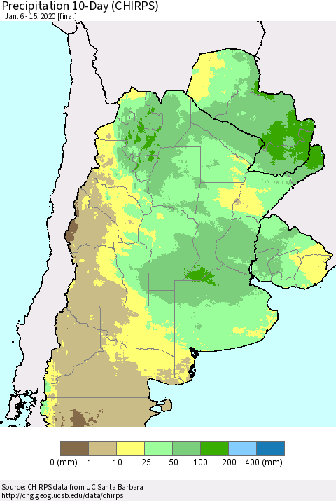 Southern South America Precipitation 10-Day (CHIRPS) Thematic Map For 1/6/2020 - 1/15/2020