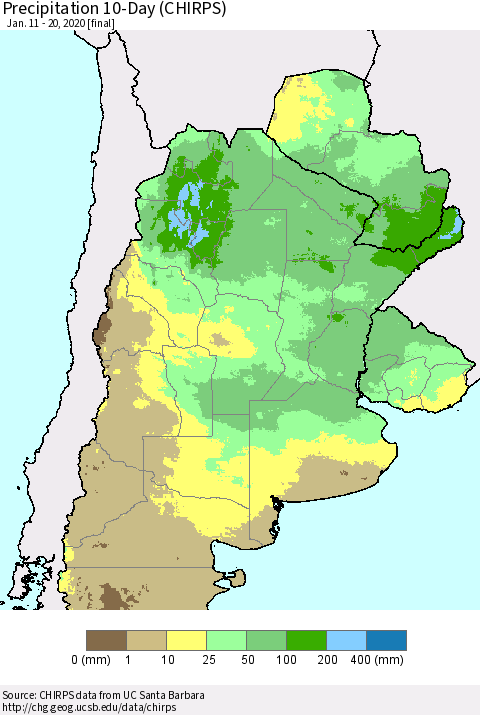 Southern South America Precipitation 10-Day (CHIRPS) Thematic Map For 1/11/2020 - 1/20/2020