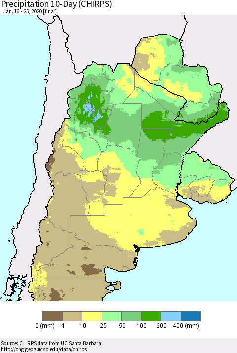 Southern South America Precipitation 10-Day (CHIRPS) Thematic Map For 1/16/2020 - 1/25/2020