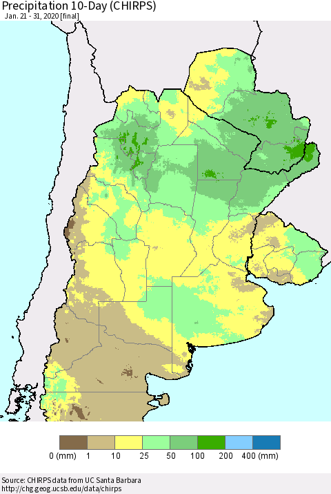 Southern South America Precipitation 10-Day (CHIRPS) Thematic Map For 1/21/2020 - 1/31/2020