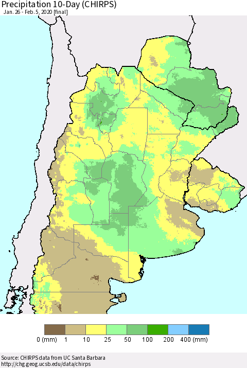 Southern South America Precipitation 10-Day (CHIRPS) Thematic Map For 1/26/2020 - 2/5/2020