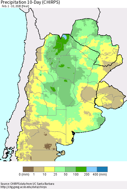 Southern South America Precipitation 10-Day (CHIRPS) Thematic Map For 2/1/2020 - 2/10/2020