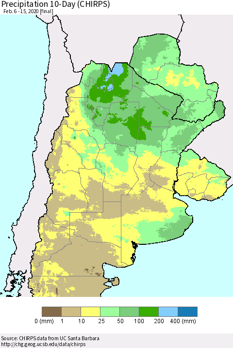Southern South America Precipitation 10-Day (CHIRPS) Thematic Map For 2/6/2020 - 2/15/2020