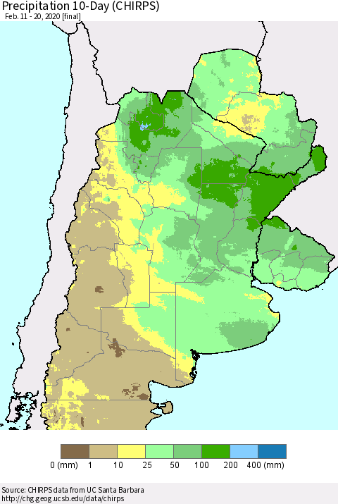 Southern South America Precipitation 10-Day (CHIRPS) Thematic Map For 2/11/2020 - 2/20/2020