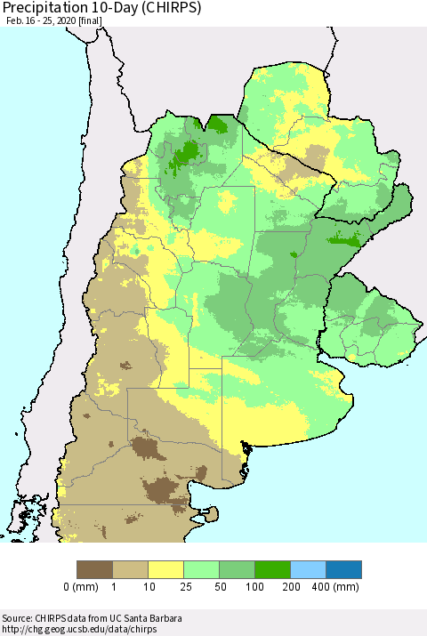 Southern South America Precipitation 10-Day (CHIRPS) Thematic Map For 2/16/2020 - 2/25/2020