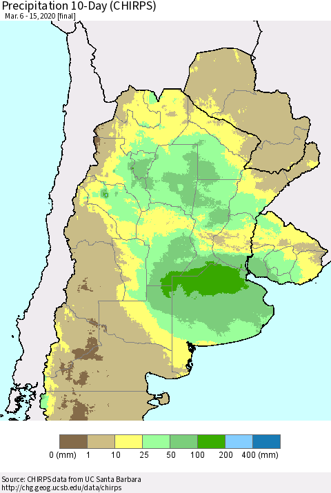 Southern South America Precipitation 10-Day (CHIRPS) Thematic Map For 3/6/2020 - 3/15/2020