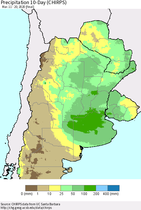 Southern South America Precipitation 10-Day (CHIRPS) Thematic Map For 3/11/2020 - 3/20/2020