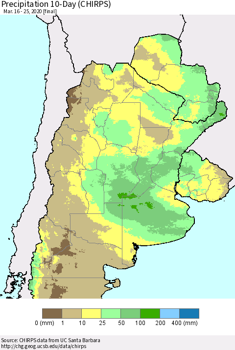Southern South America Precipitation 10-Day (CHIRPS) Thematic Map For 3/16/2020 - 3/25/2020