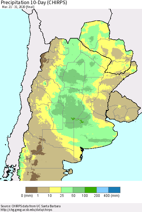 Southern South America Precipitation 10-Day (CHIRPS) Thematic Map For 3/21/2020 - 3/31/2020