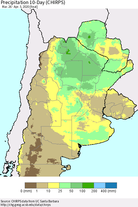 Southern South America Precipitation 10-Day (CHIRPS) Thematic Map For 3/26/2020 - 4/5/2020