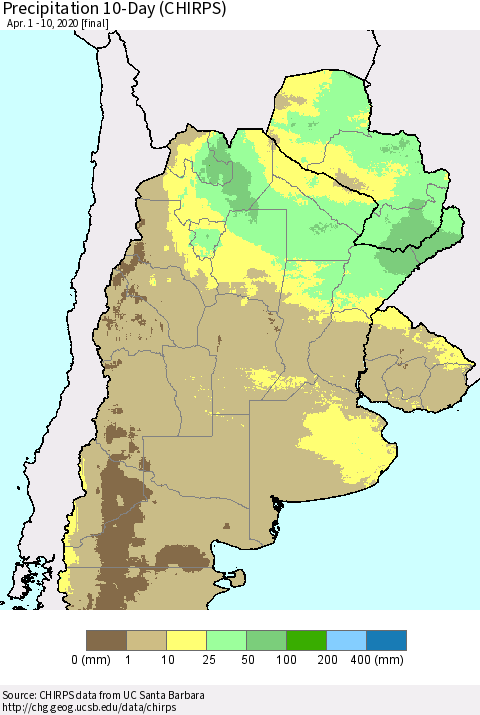 Southern South America Precipitation 10-Day (CHIRPS) Thematic Map For 4/1/2020 - 4/10/2020