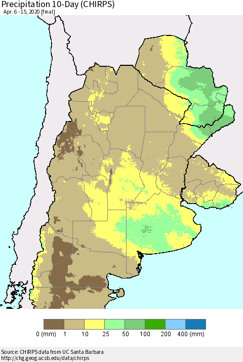 Southern South America Precipitation 10-Day (CHIRPS) Thematic Map For 4/6/2020 - 4/15/2020