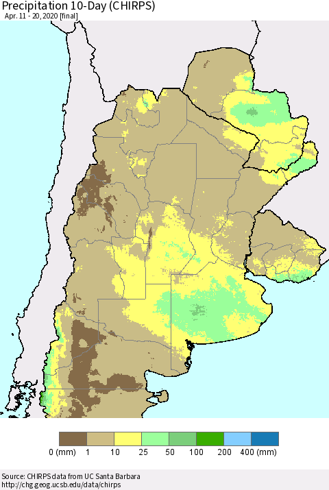 Southern South America Precipitation 10-Day (CHIRPS) Thematic Map For 4/11/2020 - 4/20/2020