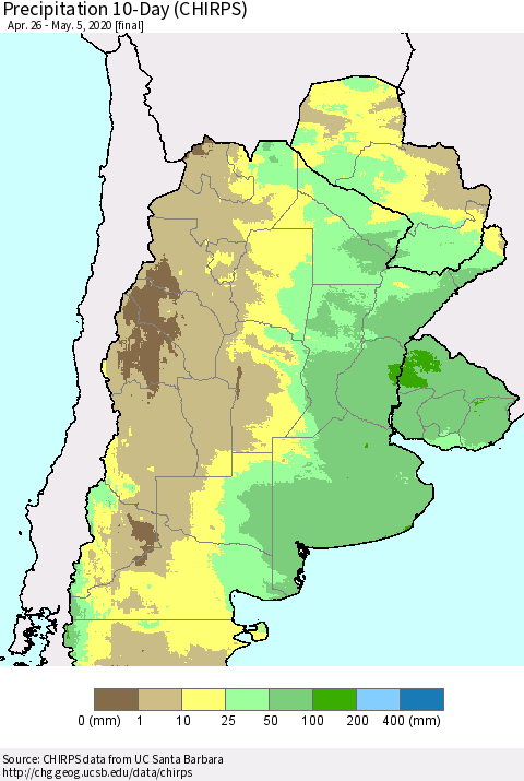 Southern South America Precipitation 10-Day (CHIRPS) Thematic Map For 4/26/2020 - 5/5/2020