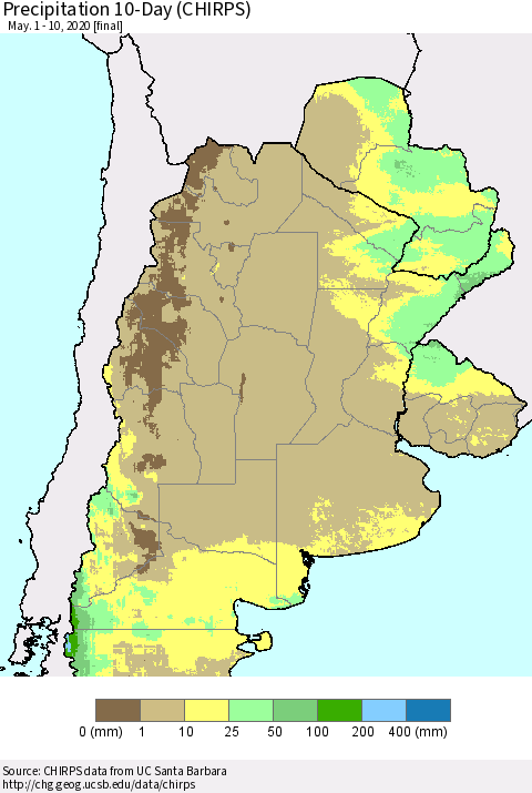 Southern South America Precipitation 10-Day (CHIRPS) Thematic Map For 5/1/2020 - 5/10/2020