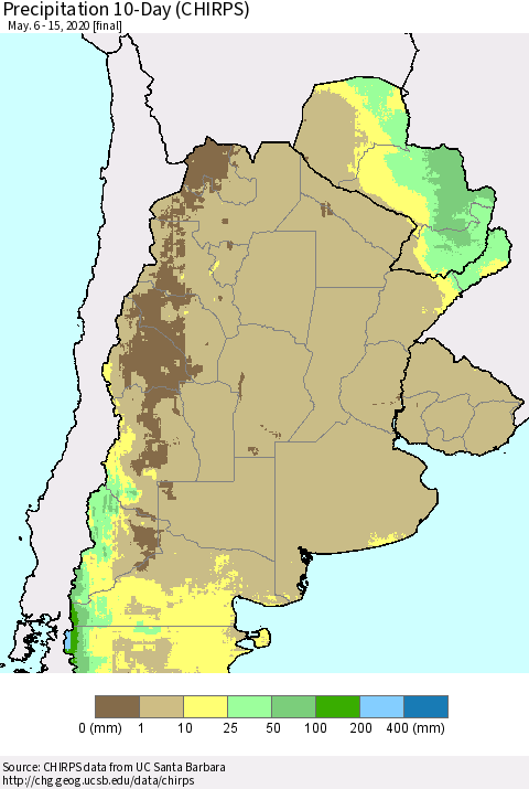 Southern South America Precipitation 10-Day (CHIRPS) Thematic Map For 5/6/2020 - 5/15/2020