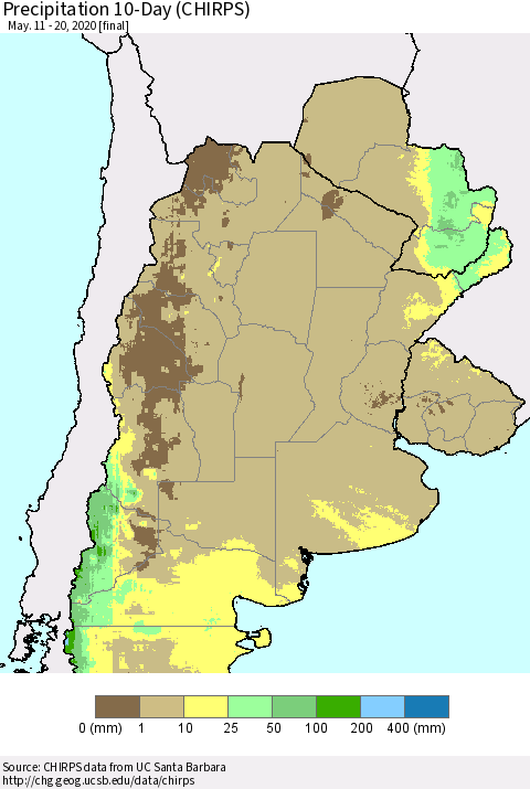 Southern South America Precipitation 10-Day (CHIRPS) Thematic Map For 5/11/2020 - 5/20/2020
