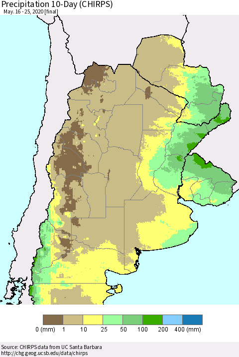 Southern South America Precipitation 10-Day (CHIRPS) Thematic Map For 5/16/2020 - 5/25/2020