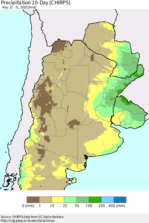 Southern South America Precipitation 10-Day (CHIRPS) Thematic Map For 5/21/2020 - 5/31/2020
