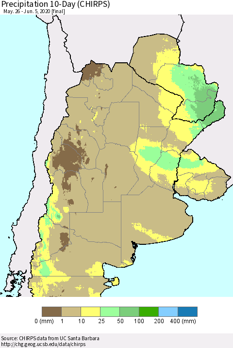 Southern South America Precipitation 10-Day (CHIRPS) Thematic Map For 5/26/2020 - 6/5/2020