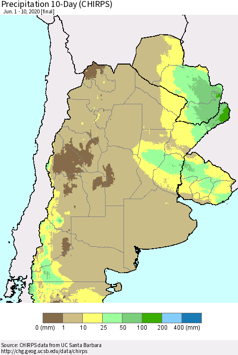 Southern South America Precipitation 10-Day (CHIRPS) Thematic Map For 6/1/2020 - 6/10/2020