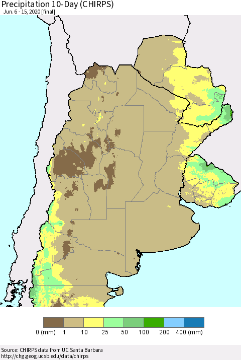Southern South America Precipitation 10-Day (CHIRPS) Thematic Map For 6/6/2020 - 6/15/2020