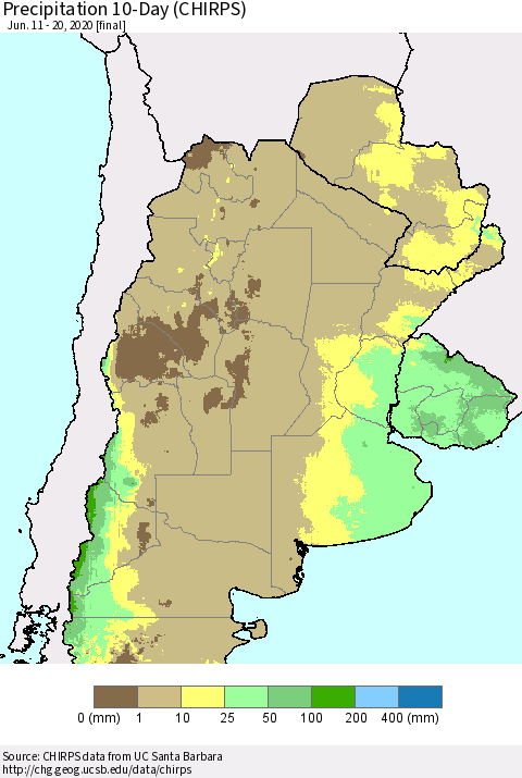 Southern South America Precipitation 10-Day (CHIRPS) Thematic Map For 6/11/2020 - 6/20/2020