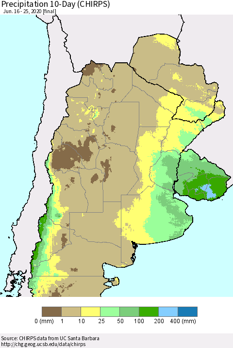 Southern South America Precipitation 10-Day (CHIRPS) Thematic Map For 6/16/2020 - 6/25/2020