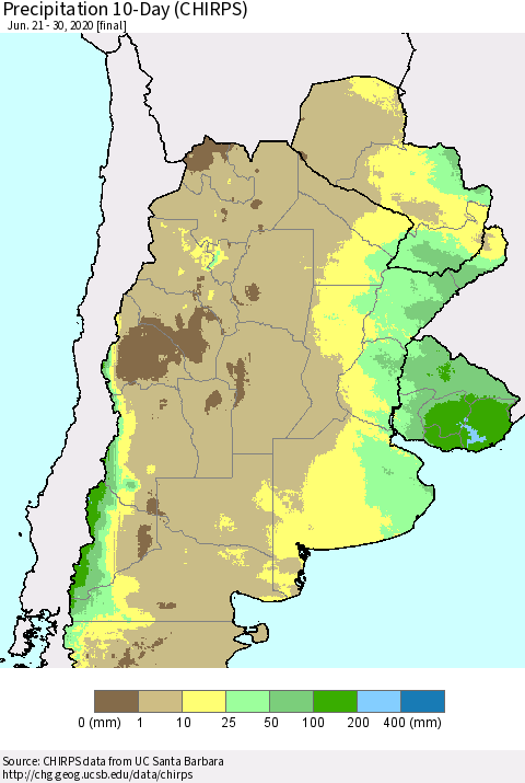 Southern South America Precipitation 10-Day (CHIRPS) Thematic Map For 6/21/2020 - 6/30/2020