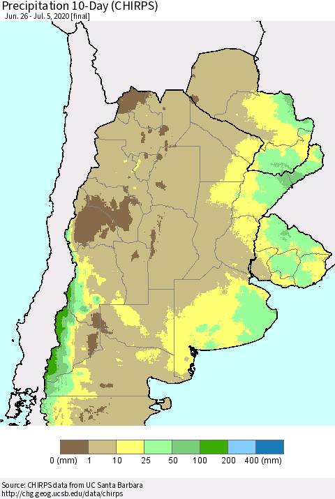 Southern South America Precipitation 10-Day (CHIRPS) Thematic Map For 6/26/2020 - 7/5/2020