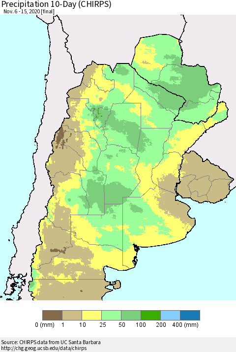 Southern South America Precipitation 10-Day (CHIRPS) Thematic Map For 11/6/2020 - 11/15/2020