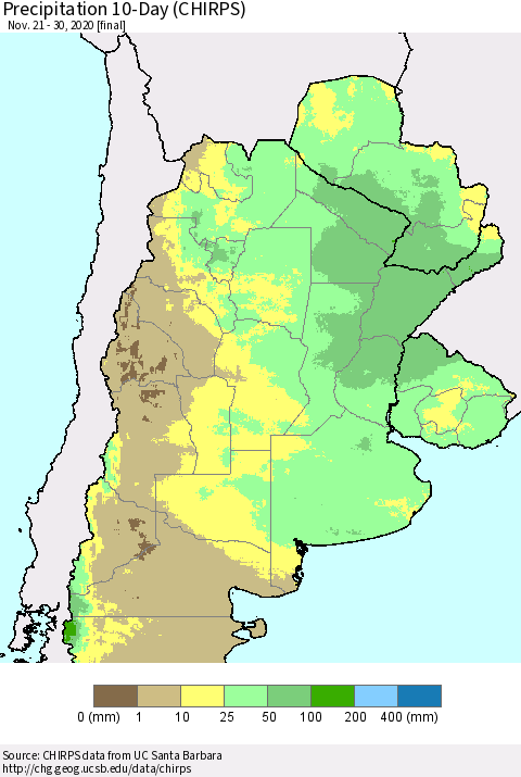 Southern South America Precipitation 10-Day (CHIRPS) Thematic Map For 11/21/2020 - 11/30/2020