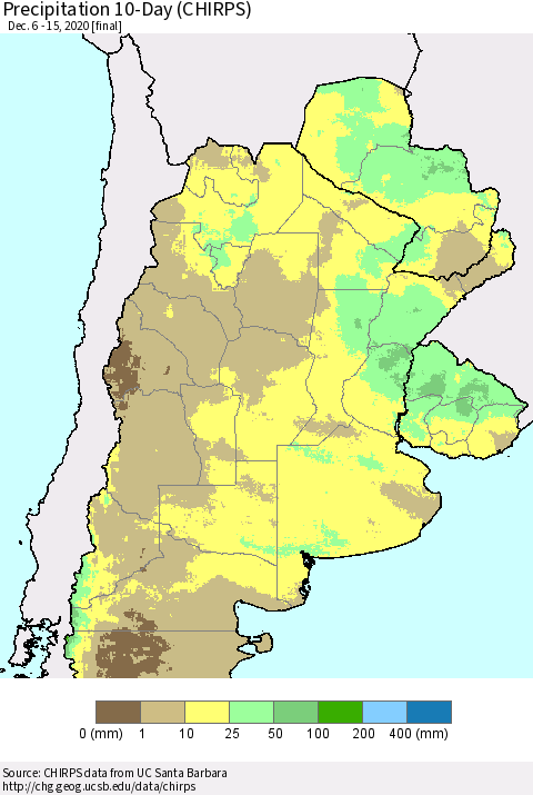 Southern South America Precipitation 10-Day (CHIRPS) Thematic Map For 12/6/2020 - 12/15/2020