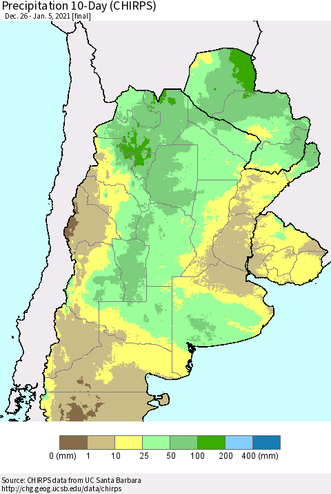 Southern South America Precipitation 10-Day (CHIRPS) Thematic Map For 12/26/2020 - 1/5/2021