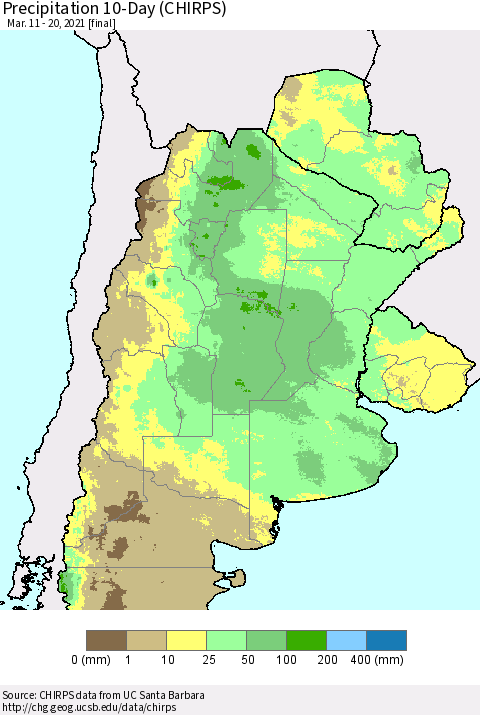 Southern South America Precipitation 10-Day (CHIRPS) Thematic Map For 3/11/2021 - 3/20/2021