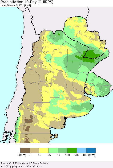 Southern South America Precipitation 10-Day (CHIRPS) Thematic Map For 3/26/2021 - 4/5/2021