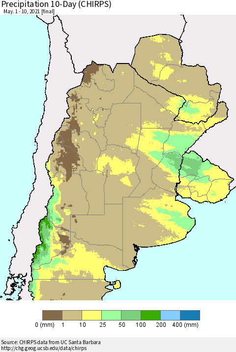 Southern South America Precipitation 10-Day (CHIRPS) Thematic Map For 5/1/2021 - 5/10/2021