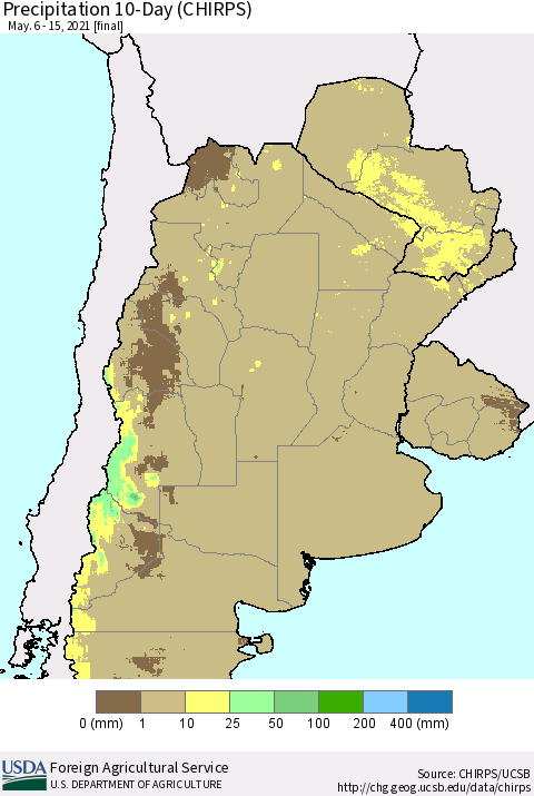 Southern South America Precipitation 10-Day (CHIRPS) Thematic Map For 5/6/2021 - 5/15/2021