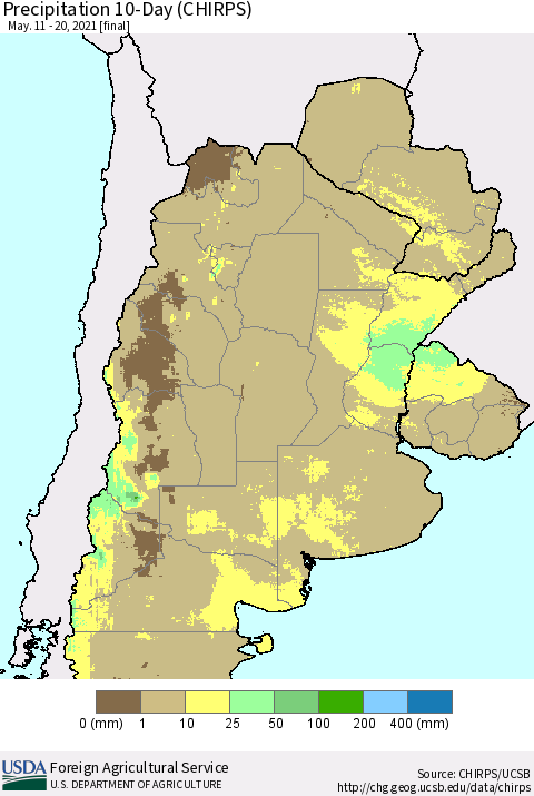 Southern South America Precipitation 10-Day (CHIRPS) Thematic Map For 5/11/2021 - 5/20/2021