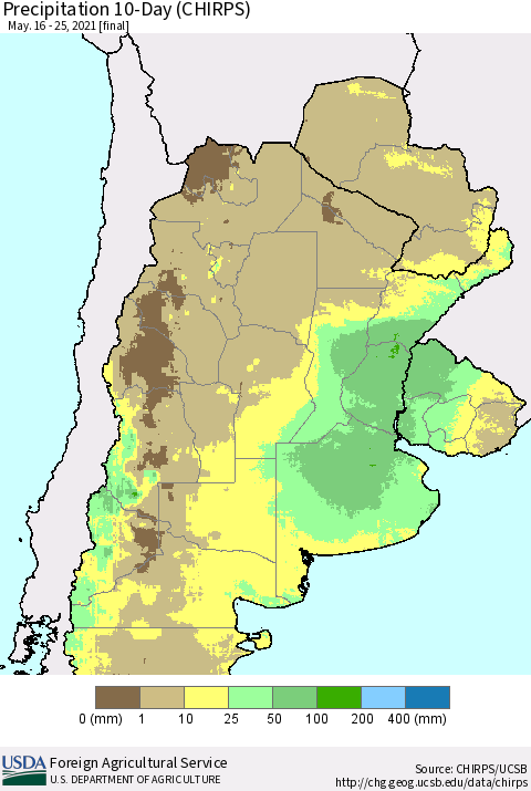 Southern South America Precipitation 10-Day (CHIRPS) Thematic Map For 5/16/2021 - 5/25/2021